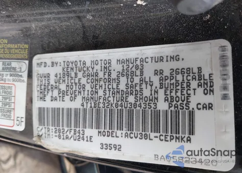 2004 Toyota Camry Le from USA, damaged, VIN 4T1BE32K04U304353